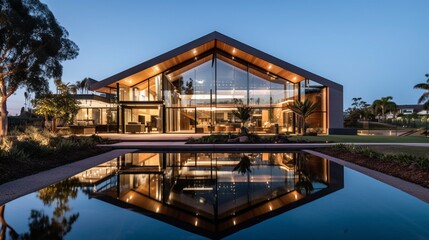 Obraz premium Luxurious Modern Dream Home Showcasing Sleek Minimalist Architecture and Breathtaking Landscape in High-Quality Architectural Photography 