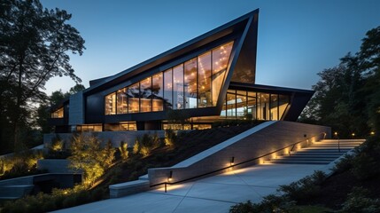 Fototapeta premium Luxurious Modern Dream Home Showcasing Sleek Minimalist Architecture and Breathtaking Landscape in High-Quality Architectural Photography 