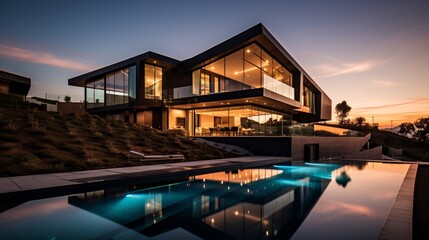 Fototapeta premium Luxurious Modern Dream Home Showcasing Sleek Minimalist Architecture and Breathtaking Landscape in High-Quality Architectural Photography 