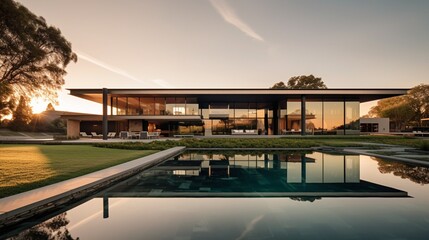 Fototapeta premium Luxurious Modern Dream Home Showcasing Sleek Minimalist Architecture and Breathtaking Landscape in High-Quality Architectural Photography 