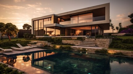 Obraz premium Luxurious Modern Dream Home Showcasing Sleek Minimalist Architecture and Breathtaking Landscape in High-Quality Architectural Photography 