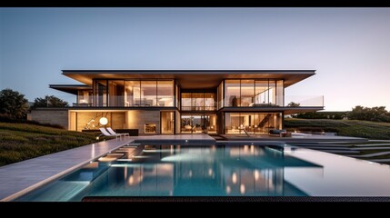 Fototapeta premium Luxurious Modern Dream Home Showcasing Sleek Minimalist Architecture and Breathtaking Landscape in High-Quality Architectural Photography 