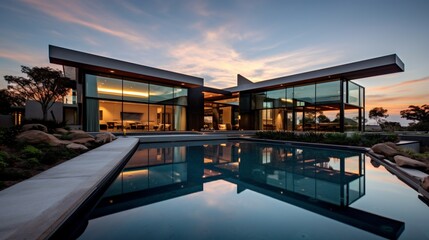 Fototapeta premium Luxurious Modern Dream Home Showcasing Sleek Minimalist Architecture and Breathtaking Landscape in High-Quality Architectural Photography 