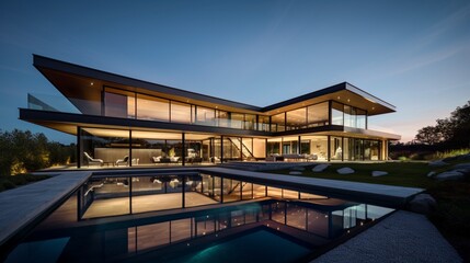 Fototapeta premium Luxurious Modern Dream Home Showcasing Sleek Minimalist Architecture and Breathtaking Landscape in High-Quality Architectural Photography 