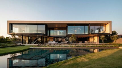 Fototapeta premium Luxurious Modern Dream Home Showcasing Sleek Minimalist Architecture and Breathtaking Landscape in High-Quality Architectural Photography 
