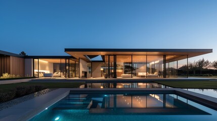 Fototapeta premium Luxurious Modern Dream Home Showcasing Sleek Minimalist Architecture and Breathtaking Landscape in High-Quality Architectural Photography 