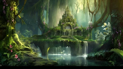 Peel and stick wall murals Fairy forest Fantasy fairy tale castle land land in a fantastic, realistic style. Digital artwork, concept illustration. For poster, wallpaper, video games background.