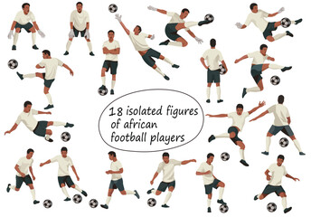 Vector isolated figures of black football players in white sports t-shirts running, jumping, grabbing, catching, hitting the ball