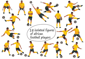 African football players jumping, running, kicking the ball, standing in goal in yellow uniforms