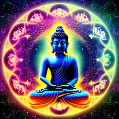 An AI generated illustration of This image captures an interior view of a Buddha statue, set in a circular pattern with bright glowing spots radiating from the center