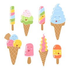 Collection of 5 vector ice cream illustrations on white flat style drawn by hand