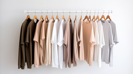 Minimal fashion clothes concept. Female blouses and t-shirts on hanger on white background. Generative Ai