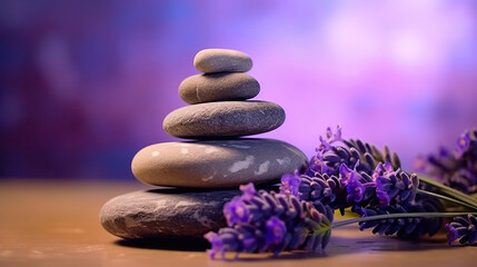 Spa still life with stack of stones and lavenders. Generative Ai