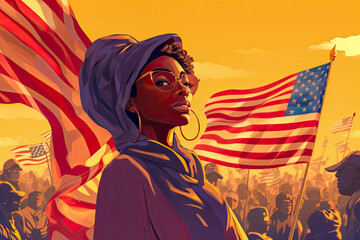 Feminist concept illustration celebrating the United States Independence Day. African American patriotic women. Generative AI.