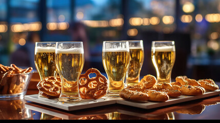 A table at Oktoberfest filled with freshly baked pretzels, glass boot filled with beer. Generative Ai