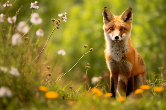Red fox in a meadow covered with flowers. AI generated. Generative AI