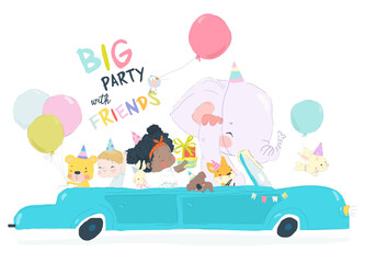 Birthday Party Greeting Card Design. Fox, Elephant, Lion and Kids ride on a Car and celebrate Birthday