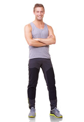 Fitness, arms crossed and smile with portrait of man on transparent background for health, workout...