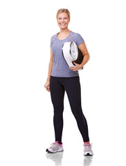 Fitness, scale and portrait of woman isolated on transparent background for diet, workout and...