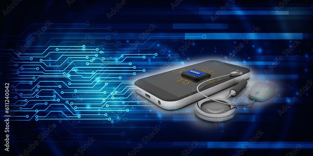 Poster 3d rendering microchips with mobile phone connected mouse near lens