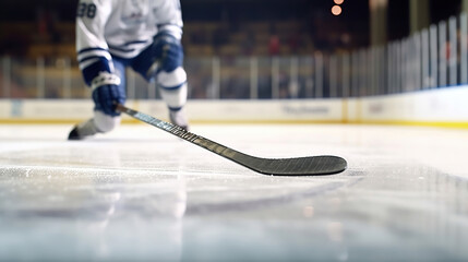 Obraz premium Close up of ice hockey stick on ice rink in position to hit hockey puck. Generative Ai