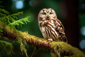An owl sits on a tree branch on a blurred background. AI generated. Generative AI