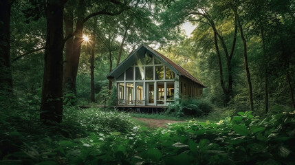 house in the middle of a lush green forest. Generative Ai