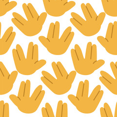 Seamless pattern in greeting from the space area. The sign of the joined fingers is the index, middle and ring fingers and the little finger. Ufo greeting, the cosmos concept. Vector cartoon