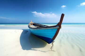Fototapeta na wymiar Wooden Fishing Boat on Beach Paradise with Blue Ocean Seascape, Generative AI