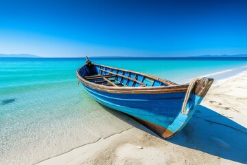 Fototapeta na wymiar Wooden Fishing Boat on Beach Paradise with Blue Ocean Seascape, Generative AI