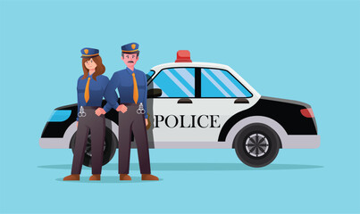 Obraz premium Police officer with police patrol car vector illustration