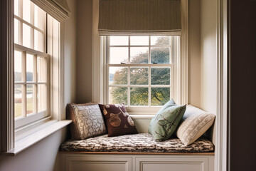 Window seat, interior design and comfort at home, reading nook with cushions and decor in a country house, English cottage style, generative ai