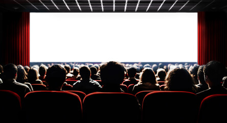 People in the cinema auditorium with empty wide white screen. - 611240460