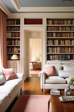 Home library decor, sitting room and interior design, white living room with sofa, bookcase and bookshelves in English country house and elegant cottage style, generative ai
