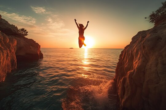 Silhouette of a person jumping over a cliff into the sea at sunset