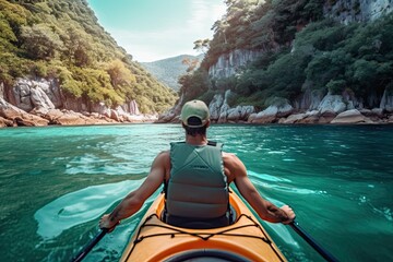 Man kayaking in the sea. Young man paddling a kayak on a beautiful tropical island - obrazy, fototapety, plakaty