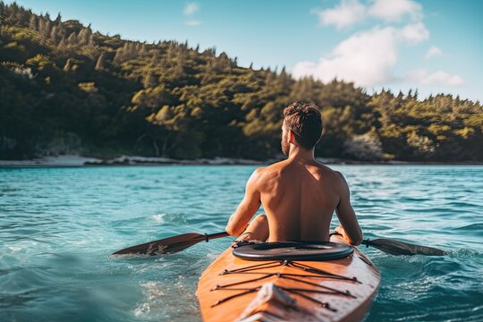 Man kayaking in the sea. Young man paddling a kayak on a beautiful tropical island