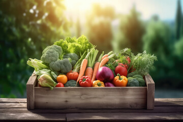 Fresh organic bio vegetables in a wooden box on a blurred green background. Harvesting. Harvest and healthy food concept.Generative AI