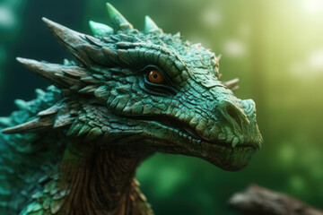 Green wooden dragon against a blurred green background. Mythological, fantastic beast.Symbol of 2024. Chinese New Year. Generative AI.