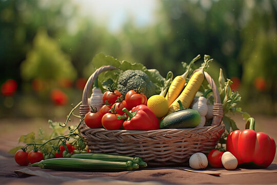 Fresh organic bio vegetables in a wicker basket on a blurred green background. Harvesting. Harvest and healthy food concept.Generative AI