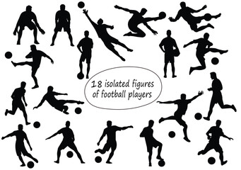 Set of 18 isolated silhouettes of football players running, jumping, standing, catching the ball on a white background