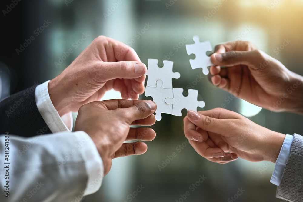 Poster puzzle, business hands and group of people for solution, teamwork and goals, integration or workflow