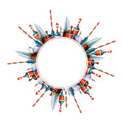 Watercolor drawing round frame from various fishing bobblers, red, white, blue and black with fishing line. Angling gear for wallpapers, logo, banners, icon, cards, leaflets, textiles, postcards