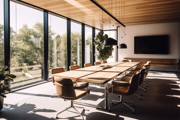 Fototapeta premium an office with wood desks and glass walls, in the style of high detailed, grey academia, wood, photo-realistic landscapes, vintage minimalism, light silver and light brown