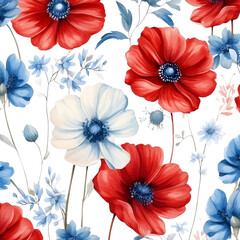 4th of July Flowers Background Sublimation, 4th of July Watercolor Clipart. Red, Blue and White Watercolor Flowers Background, Watercolor Patriotic Clipart