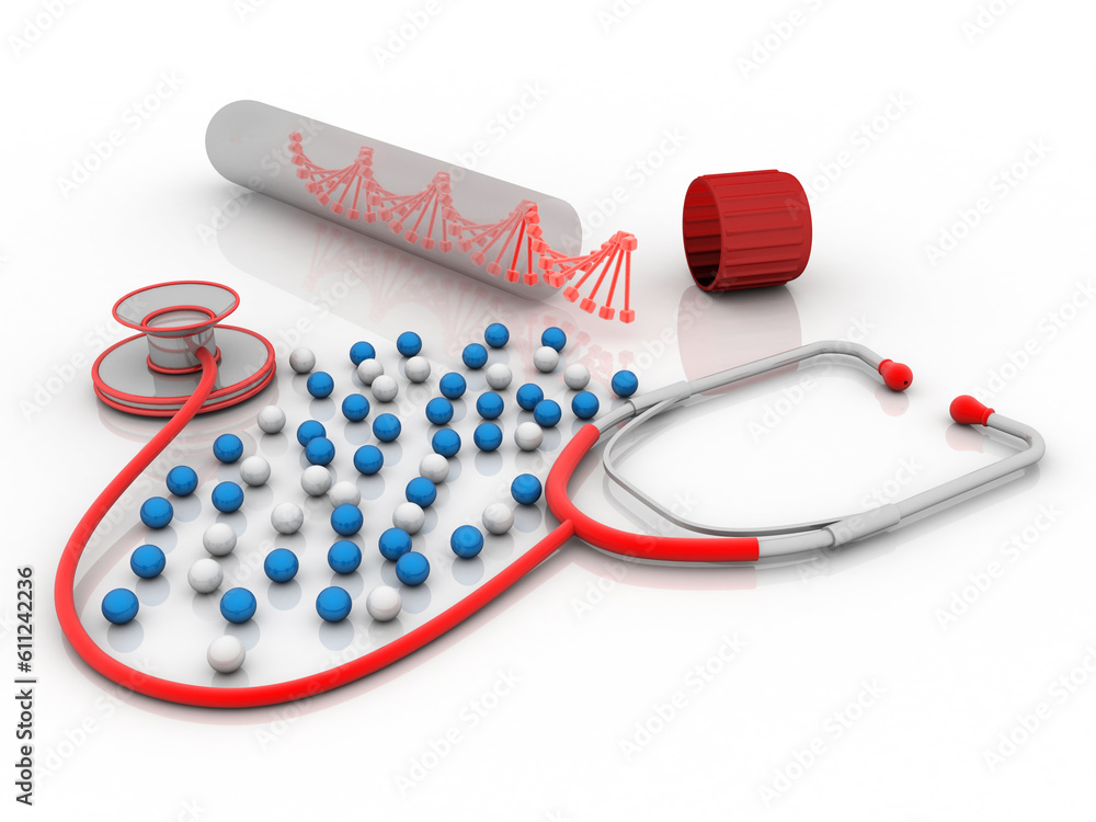 Poster 3d render of dna structure with capsule near stethoscope