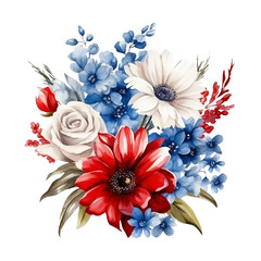 4th of July Flowers Sublimation, 4th of July Watercolor Clipart. Red, Blue and White Watercolor Flowers, Watercolor Patriotic Clipart