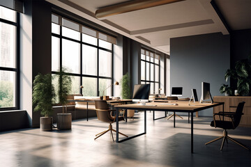 
an office with wood desks and glass walls, in the style of high detailed, grey academia, wood, photo-realistic landscapes, vintage minimalism, light silver and light brown