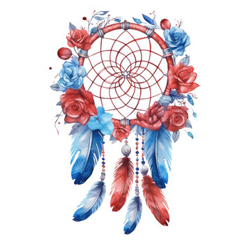 4th of July Floral  Dream Catcher Sublimation, 4th of July Watercolor Clipart. Red, Blue and White Watercolor Floral Dream Catcher, Watercolor Patriotic Clipart