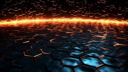 Fototapeta premium Abstract hexagonal geometric ultra wide background. Structure of lots of hexagons of carbon fiber with bright energy light breaking through the cracks. Generative ai.
